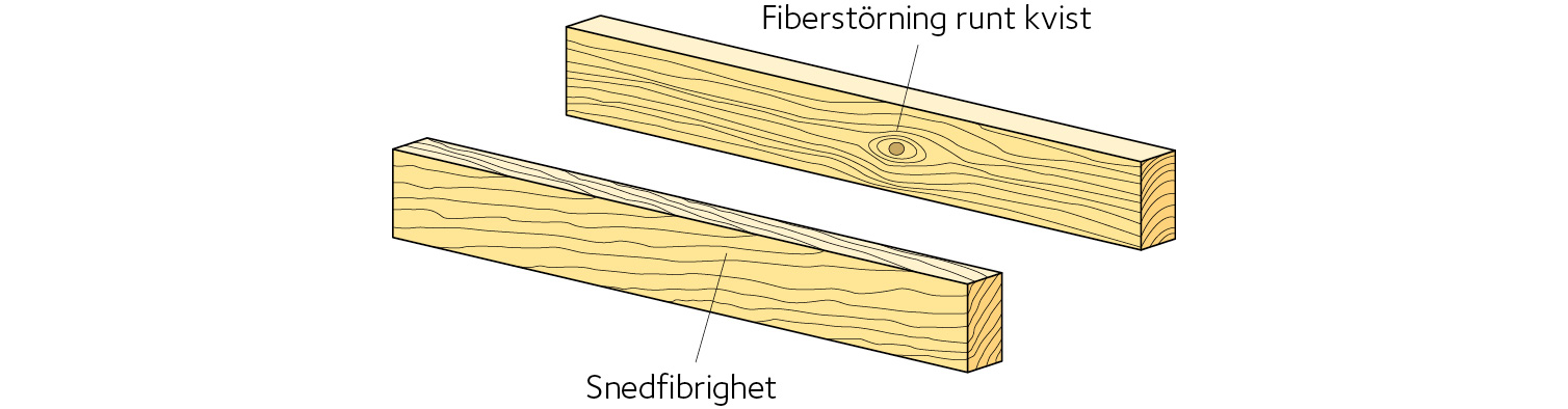 Figur 2.6 Olika fiberstörningar i virket.