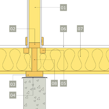 2D-ritning av bärande innervägg av konstruktionsvirke med anslutning mot bottenbjälklag