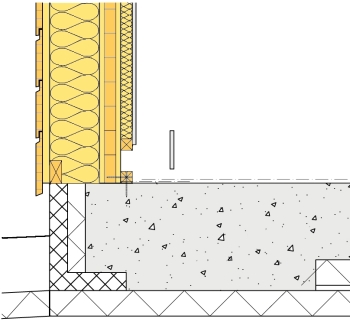 Anslutning mot betongplatta på mark. Bärande yttervägg - KL-trärä.