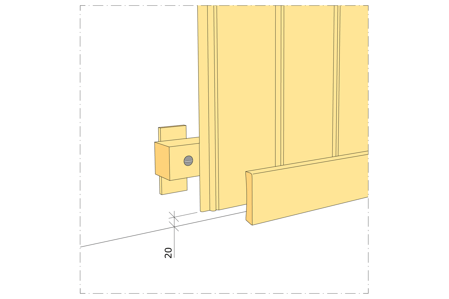 Golv: Väggpanel avslutas cirka 20 mm från golvet. Övergång täcks med golvsockel.