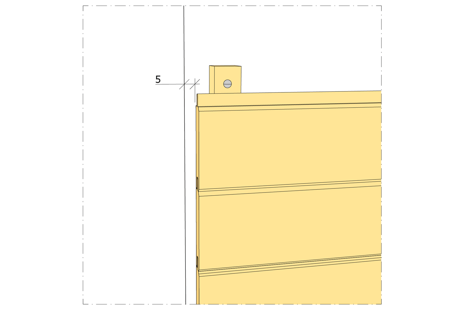 Hörn: Vid möte med innervägg med annan ytbeklädnad än panel avslutas väggpanel cirka 5 mm från sidovägg