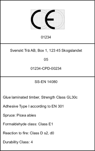 Exempel på CE-märkning av limträprodukter enligt SS-EN 14080.