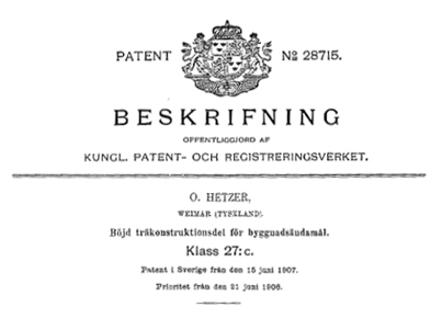 Framsidan på det svenska patentet för Hetzer-Binder