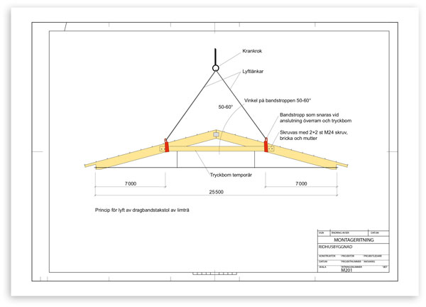 Bilaga: Ritning för lyft av dragbandstakstol av limträ.