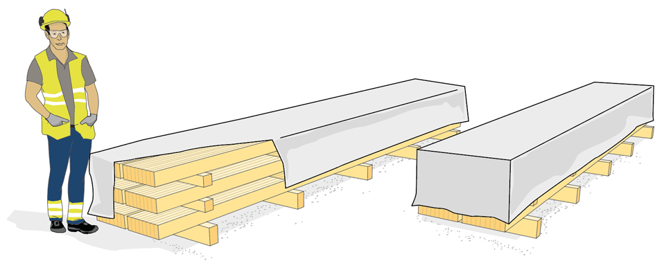 Exempel på kortvarig lagring, högst tre veckor, av limträ på byggarbetsplatsen.