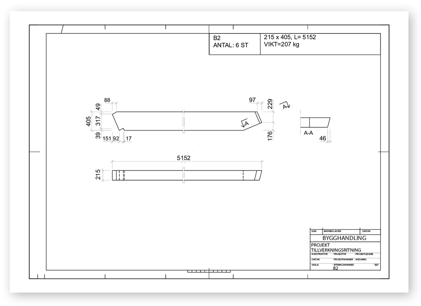 Exempel på tillverkningsritning för efterbearbetning av limträbalk.