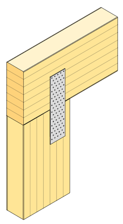 Exempel på pelar-balkanslutning av limträ med spikningsplåtar på ömse sidor.