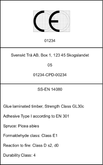 Exempel på CE-märkning av limträprodukter enligt SS-EN 14080.