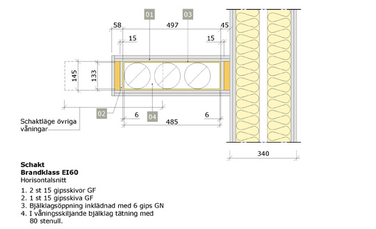 Schaktlösning för avluft och avlopp i ett träregelhus, planer.