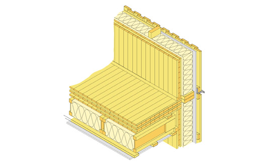 Exempel på byggsystem med flerskikts massivträskivor och separat undertakskonstruktion.
